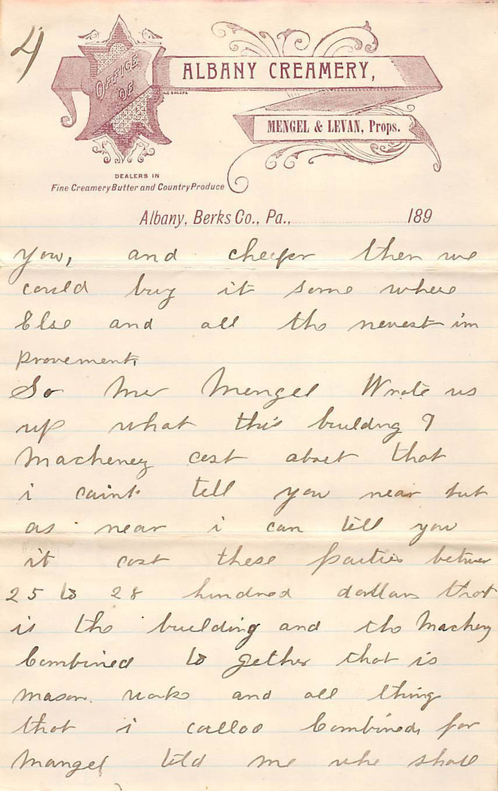 MENGEL CREAMERY ALBANY HAMBURG PA DAIRY FARMING ANTIQUE ADVERTISING LETTER 1894 - K-townConsignments