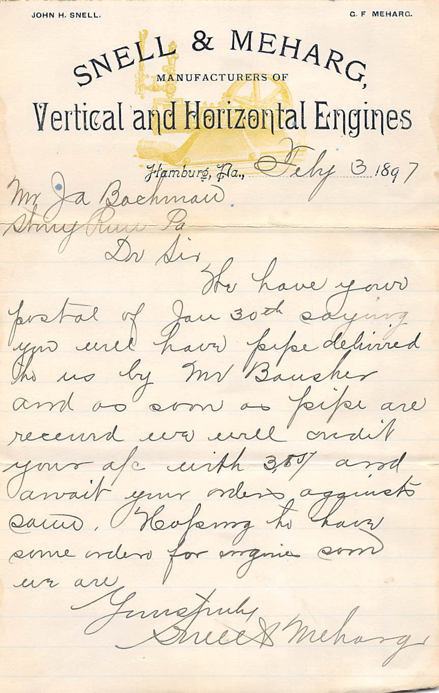 SNELL & MEHARG VERTICAL & HORIZONTAL ENGINES ANTIQUE FARM ADVERTISING LETTERHEAD - K-townConsignments