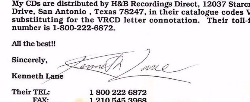 KENNETH LANE CLASSICAL MUSIC SINGER VINTAGE AUTOGRAPH SIGNED VALHALLA RECORDS - K-townConsignments
