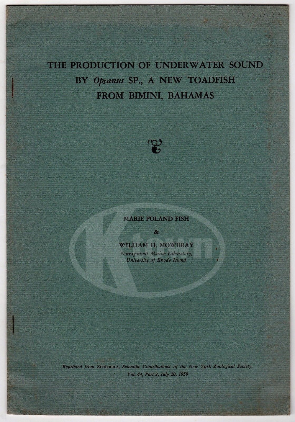 PRODUCTION OF UNDERWATER SOUND BY OPSANUS TOADFISH OCEANOGRAPHY BOOK 1959 - K-townConsignments