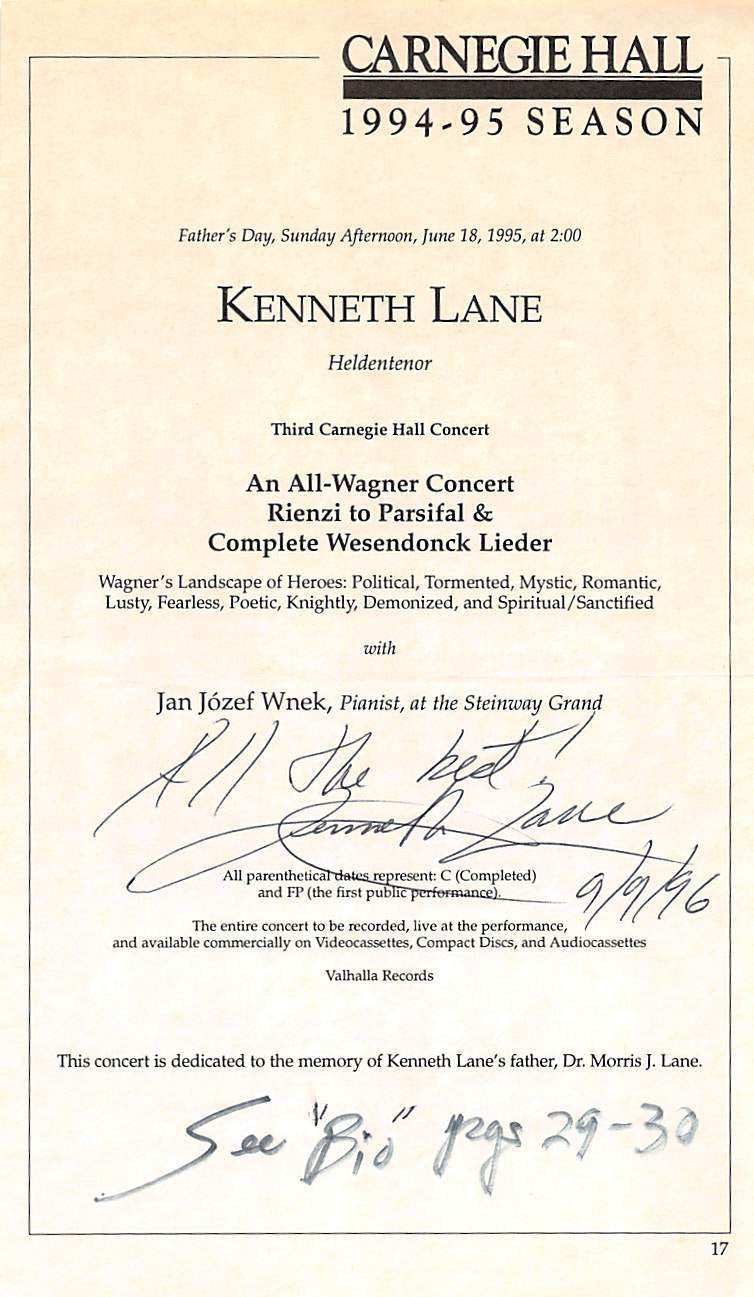 KENNETH LANE TENOR OPERA MUSIC SINGER VINTAGE AUTOGRAPH SIGNED PLAYBILL PAGE - K-townConsignments