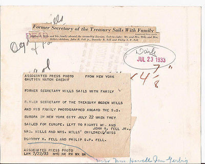 OGDEN MILLS PRESS PHOTO SECRETARY OF TREASURY NEW YORK FAMILY VINTAGE NYC 1930S - K-townConsignments