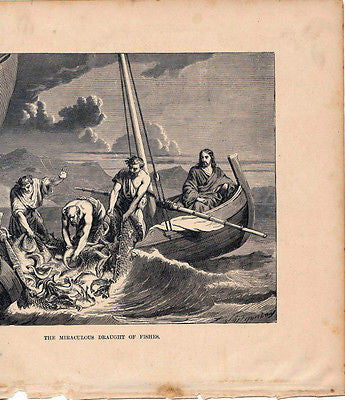 Jesus Christ & Apostles Peter Miraculous Catch 1877 Bible Engraving Print - K-townConsignments