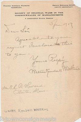 WALTER KENDALL WATKINS COLONIAL WARS SOCIETY BOSTON AUTOGRAPH SIGNED LETTER 1919 - K-townConsignments