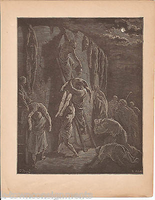 Rescuing Bodies of Saul and Sons 1870 Antique Bible Engraving Print Samuel XXXI - K-townConsignments