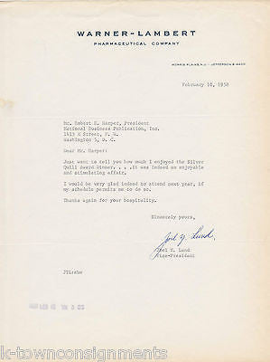 JOEL YUND WARNER LAMBERT PHARMACEUTICAL CO AUTOGRAPH SIGNED STATIONERY LETTER - K-townConsignments