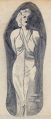 JEAN HARLOW MOVIES ORIGINAL 1930s EVENING DRESS SILHOUETTE PENCIL SKETCH DRAWING - K-townConsignments