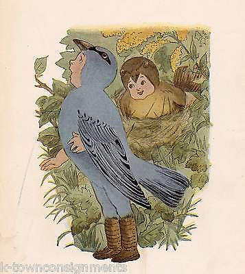 EAGLE MAN & INDIGO BUNTING VINTAGE KIDS ILLUSTRATION PRINT FROM BIRD CHILDREN - K-townConsignments