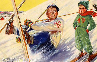 FATHER & SON ON SKI SLOPES VINTAGE HUMOROUS GRAPHIC ART PRINT BY SAMBROOK - K-townConsignments