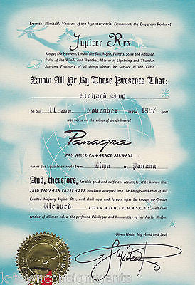 PAN-AMERICAN GRACE AIRLINES PANAGRA VINTAGE 1957 JUPITER REX GRAPHIC CERTIFICATE - K-townConsignments