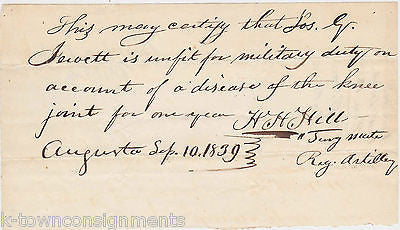 SEMINOLE WAR AUGUSTA GEORGIA SIGNED UNFIT FOR DUTY MILITARY DOCUMENT 1839 - K-townConsignments