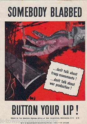 BUTTON YOUR LIP! VINTAGE WWII HOME FRONT GRAPHIC ART MINI POSTER DECAL - K-townConsignments