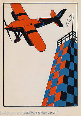 AIRPLANE RACE FLYING AROUND PYLON VINTAGE 1920s VIBRANT GRAPHIC ART PRINT - K-townConsignments