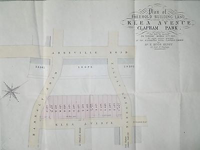 FREEHOLD BUILDING KLEA AVE CLAPHAM PARK LONDON UK ANTIQUE LITHOGRAPH SURVEY MAP - K-townConsignments