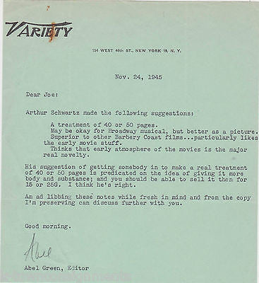 ABLE GREEN VARIETY MAGAZINE EDITOR VINTAGE AUTOGRAPH SIGNED STATIONERY LETTER - K-townConsignments