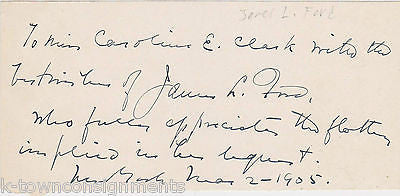 JAMES LAUREN FORD NEW YORK HERALD EDITOR & AUTHOR AUTOGRAPH SIGNATURE NOTE 1905 - K-townConsignments