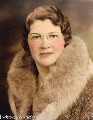 WOMAN IN BIG FUR COAT GLASSES & ROSY CHEEKS ANTIQUE COLORED PHOTO - K-townConsignments