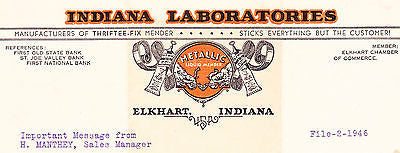 ELKHART INDIANA LABORATORIES METALLIC GLUE MAKERS VINTAGE 1940s GRAPHIC LETTER - K-townConsignments