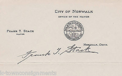 FRANK STACK NORWALK CONNECTICUT MAYOR 1940s AUTOGRAPH SIGNED STATIONERY LETTER - K-townConsignments