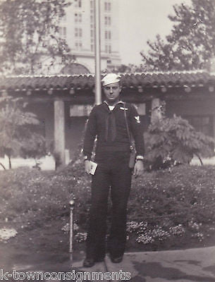 WWII CALIFORNIA NAVAL SAILOR IN UNIFORM NEAR GARDEN SNAPSHOT PHOTO - K-townConsignments