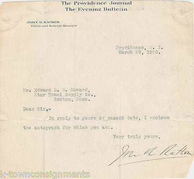 JOHN RATHOM WWI NEWS ADVOCATE JOURNALIST AUTOGRAPH SIGNED STATIONERY LETTER - K-townConsignments