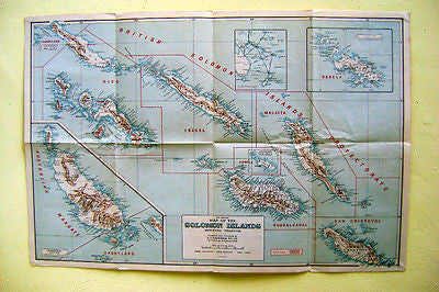 SOLOMON ISLANDS GUADALCANAL MALAITA YSABEL ANTIQUE ROBINSON GRAPHIC COLOR MAP - K-townConsignments