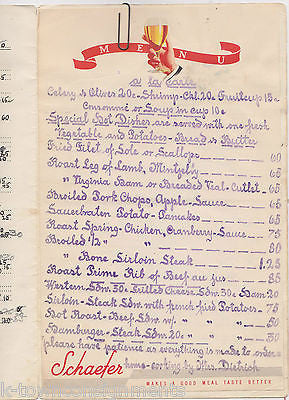 ALPINE INN NEW YORK VINTAGE DINNER MENU W/ SHAEFER BEER GRAPHIC MENU INSERT - K-townConsignments