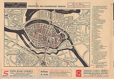 STADPLAN LUBECK GERMANY 1958 VINTAGE SOUVENIR GRAPHIC TRAVEL AD BROCHURE - K-townConsignments