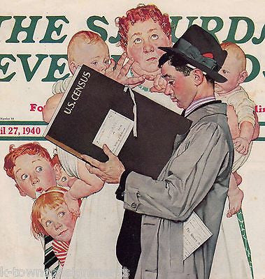 US CENSUS LARGE FAMILY NORMAN ROCKWELL VINTAGE POST MAGAZINE COVER GRAPHIC PRINT - K-townConsignments