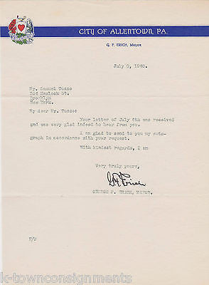 GEORGE ERICH ALLENTOWN PA MAYOR 1940s AUTOGRAPH SIGNED STATIONERY LETTER - K-townConsignments