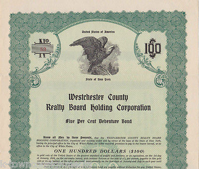 WESTCHESTER COUNTY NEW YORK $100 BOND CERTIFICATE SIGNED & DATED 1920s - K-townConsignments