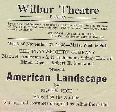 AMERICAN LANDSCAPE ELMER RICE LILLIAN FOSTER ACTORS 1938 WILBER THEATRE PLAYBILL - K-townConsignments