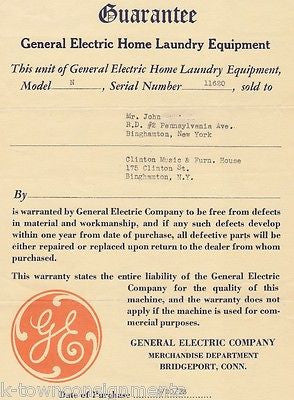 GENERAL ELECTRIC LAUNDRY WASHER DRYER ANTIQUE SALES WARRANTY CERTIFICATE 1933 - K-townConsignments