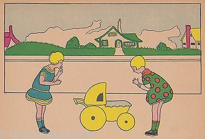 LITTLE GIRLS NEIGHBORHOOD STREET PLAY TIME ART DECO GRAPHIC ART NURSERY PRINT - K-townConsignments