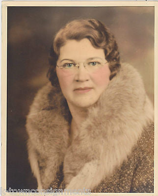 WOMAN IN BIG FUR COAT GLASSES & ROSY CHEEKS ANTIQUE COLORED PHOTO - K-townConsignments