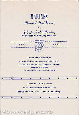 US NAVY MARINES MEMORIAL DAY SERVICES WANDERS REST CEMETERY VINTAGE PROGRAM 1951 - K-townConsignments