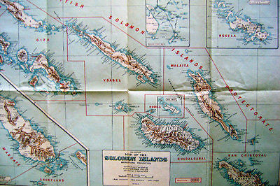 SOLOMON ISLANDS GUADALCANAL MALAITA YSABEL ANTIQUE ROBINSON GRAPHIC COLOR MAP - K-townConsignments