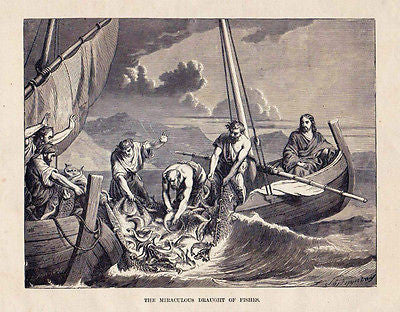 Jesus Christ & Apostles Peter Miraculous Catch 1877 Bible Engraving Print - K-townConsignments