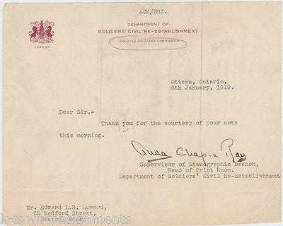 CANADA SOLDIERS' CIVIL RE-ESTABLISHMENT 1919 AUTOGRAPH SIGNED STATIONERY LETTER - K-townConsignments