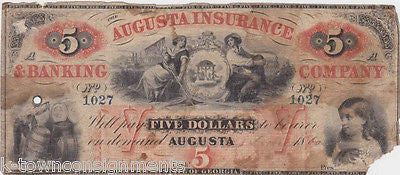 1860 AUGUSTA INSURANCE & BANKING CO, GEORGIA OBSOLETE MONEY $5 DOLLAR BANK NOTE - K-townConsignments