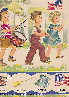 AMERICAN FLAG MARCHING PARADE LITTLE BOYS & GIRLS VINTAGE 1948 GRAPHIC ART PRINT - K-townConsignments