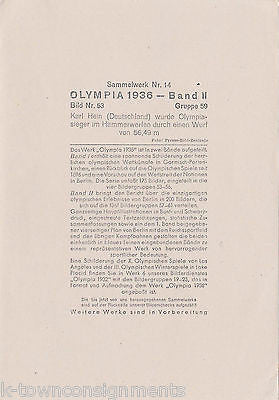 KARL HEIN HAMMER THROW GERMAN OLYMPIC TRACK ATHLETE VINTAGE PHOTO CARD 1936 - K-townConsignments