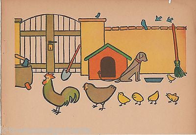 CHICKENS & PUPPY DOG FOLK ART FARM SCENE ANTIQUE GRAPHIC ART NURSERY PRINT - K-townConsignments