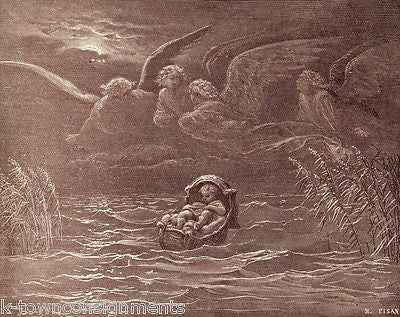 Baby Moses Floating Basket w/ Angels Gustave Dore Antique Bible Engraving Print - K-townConsignments