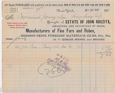 JOHN RUSZITS FINE FURS & ROBE CLOTHS 1890s ANTIQUE GRAPHIC AD STATIONERY RECEIPT - K-townConsignments