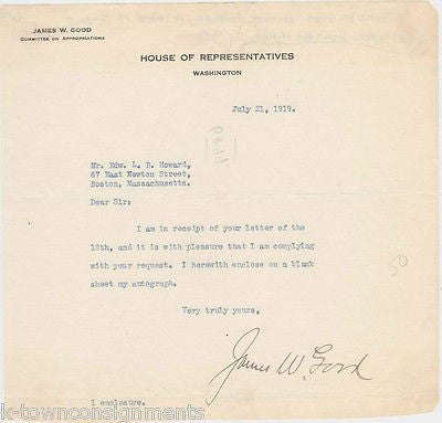 JAMES GOOD SENATOR 1919 AUTOGRAPHED SIGNED SENATE STATIONARY - K-townConsignments