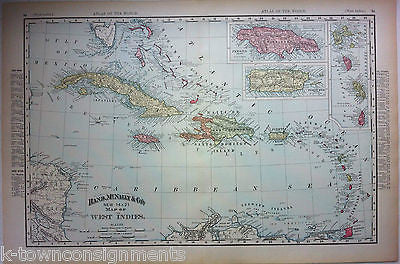 Cuba Puerto Rico Haiti Antique Graphic Atlas Map Engraving Poster Print 1890s - K-townConsignments