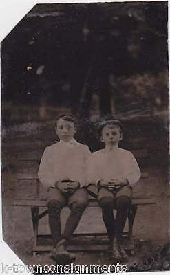 YOUNG BOY BROTHERS IN BALL CAPS ON PARK BENCH ANTIQUE TINTYPE PHOTO - K-townConsignments