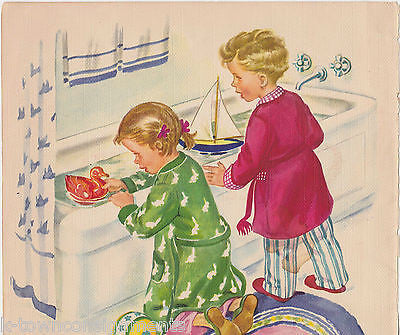 LITTLE BOY & GIRL AT BATH TIME VINTAGE 1940s LARGE GRAPHIC ILLUSTRATION PRINT - K-townConsignments