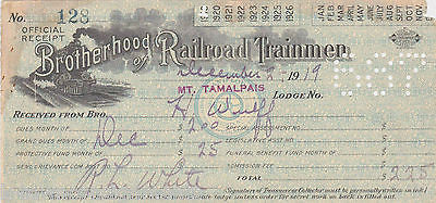 BROTHERHOOD OF RAILROAD TRAINMEN ANTIQUE ENGRAVED PAYMENT STUB RECEIPT 1919 - K-townConsignments